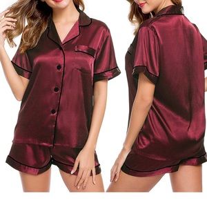 Silk Satin Short Sleeve Button-Down Pj Set